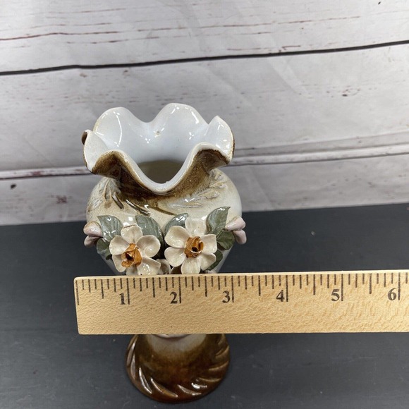 Vintage Studio Art Pottery 8 Inch Vase Applied Leaves Flowers Signed - Picture 8 of 8